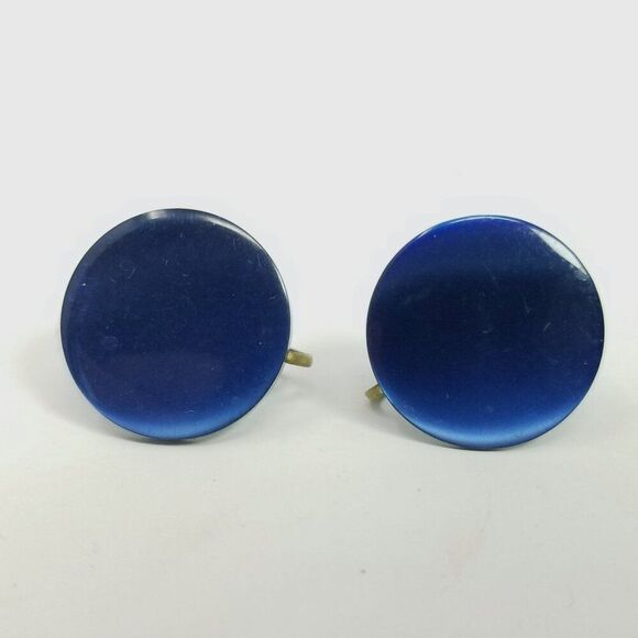 Vintage Dark Blue Lucite Plastic Disc Clip On Earrings, Round, Screw Backs - Picture 7 of 7